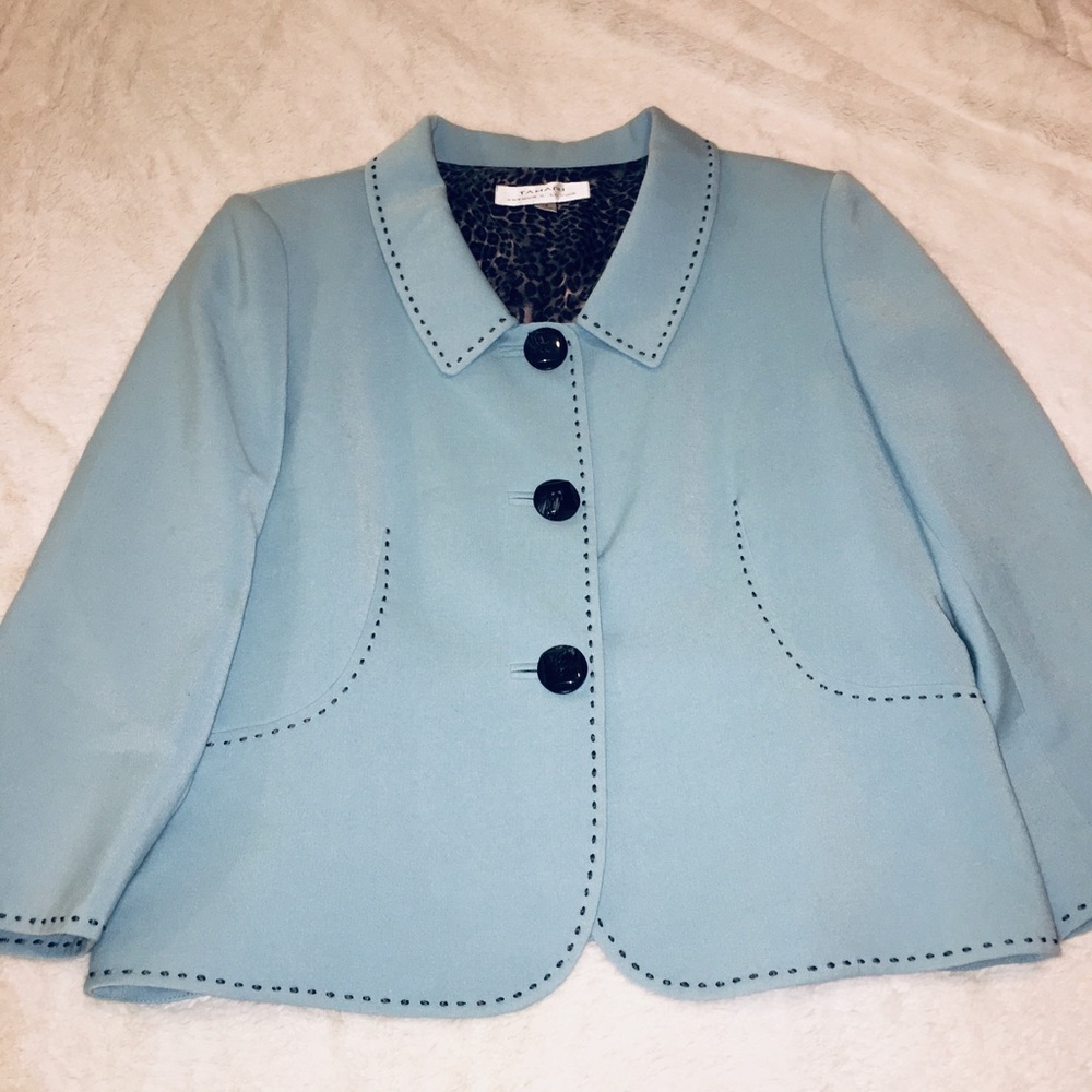 Elie Tahari Tiffany blue blazer with cheetah liner - Picture 4 of 7